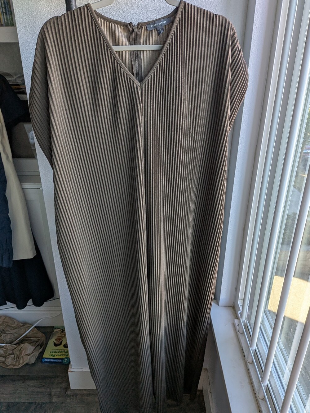 Grade & Gather Plisse Pleated Wide Leg Jumpsuit Taupe Small